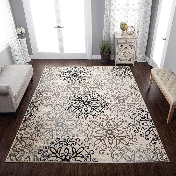 Superior Indoor Area Rug, Jute Backed, Perfect for Entryway, Office, Living/Dining Room, Bedroom, Kitchen, Hardwood Floor, Floral Scroll Decor, Leigh Collection, 9' x 12', Beige Ivory
