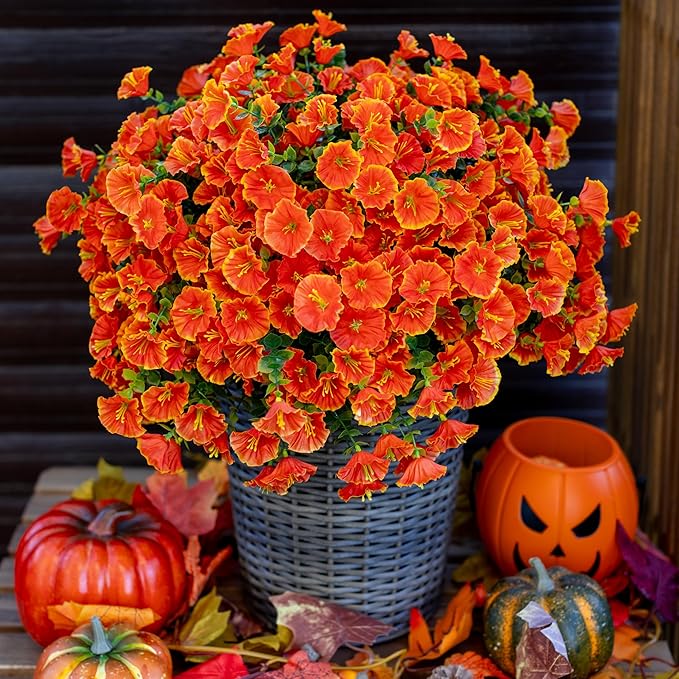 AXYLEX Artificial Fall Flowers Outdoor Fake Mums - 16 Bundles Fake Plants UV Resistant No Fade Faux Plastic Greenery Garden Morning Glory Home Decor (1, Orange)