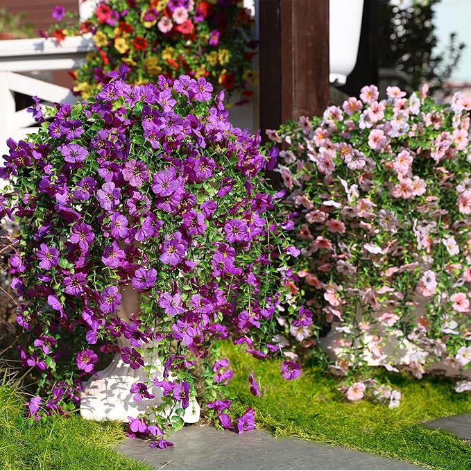 Artificial Flowers for Outdoors Spring Decor, 6 Bundles UV Resistant Realistic Faux Silk Hanging Flowers, Fake Plants for Planter Indoor Outside Garden Porch Patio Balcony Yard (Pink White)