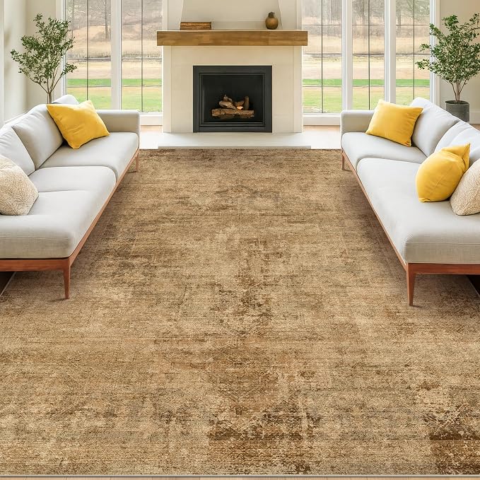 Hazo Haus Large Gold Brown Area Rug for Living Room Table – Rustic Farmhouse 10x12 Washable Rug for Dining Room, Bedroom Under Bed, Non-Slip with Rubber Backing & Stain Resistant