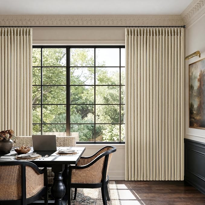 Pinch Pleated Linen Curtains 86 Inches Long 2 Panels Set Oatmeal Sand Boho Semi Sheer Privacy Window Curtains for Track System 86 Inch Length Back Tab Burlap Drapes for Living Room Bedroom Office