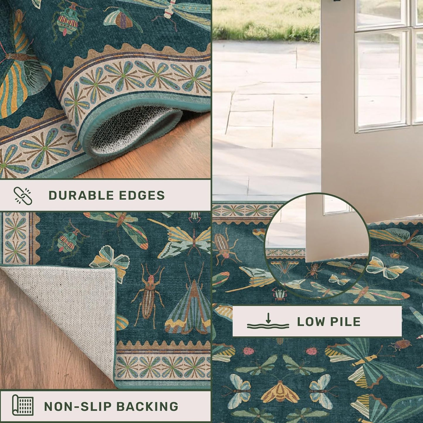 Wide Runner Rug for Hallway 2'6"x8' - Green Runner Rug for Kitchen, Hall Way, Washable Foldable Boho Insect Deor