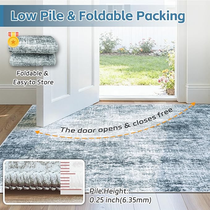 5x7 Area Rugs Washable Rug:Anti-Skid Abstract Modern Living Room Rug Soft Thin Carpets Indoor Floor Non-Shedding Carpet for Bedroom Dining Farmhouse Nursery Home Office(Light Slate Blue/White, 5x7)