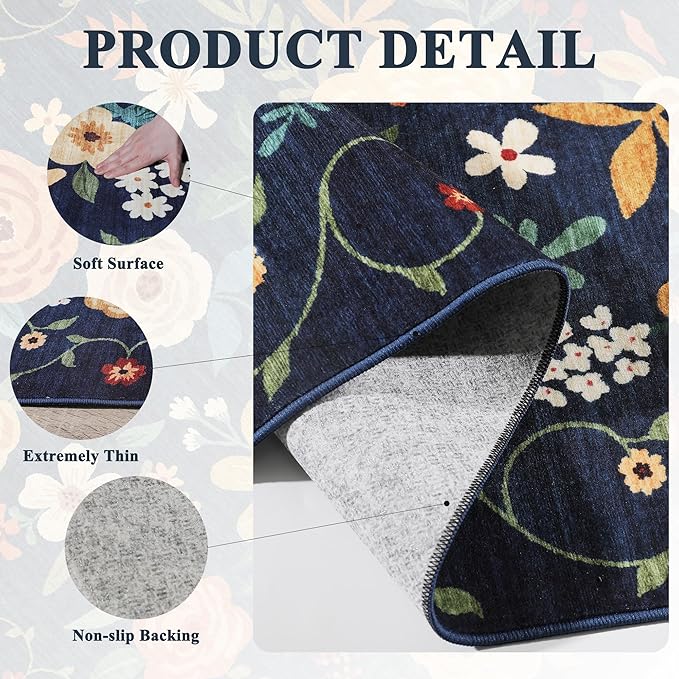 DUKINO 8x10 Area Rug, Floral Rugs for Living Room, Lightweight Non Slip Washable Rug, Indoor Low Pile & Non-Shedding Boho Design Rugs for Bedroom, Living Room, Dining Room, Dark Blue