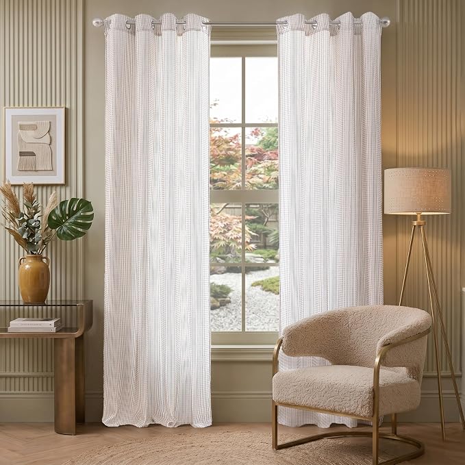 DriftAway 3D Chenille Striped Curtains 96 Inches Long Tweed Linen Textured Light Filtering Woven Embroidered Luxury Soft Drapes for Living Room Bedroom Grommet Privacy 2 Panels W52 x L96 Taupe