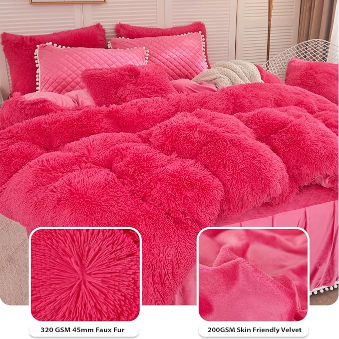 LIFEREVO Luxury Plush Shaggy Duvet Cover Set, Soft Velvet Fluffy Duvet Cover Furry Bedding Comforter Set(1 Faux Fur Fuzzy Duvet Cover + 2 Pompoms Pillow Cases), Zipper Closure(Full/Queen, Hot Pink)