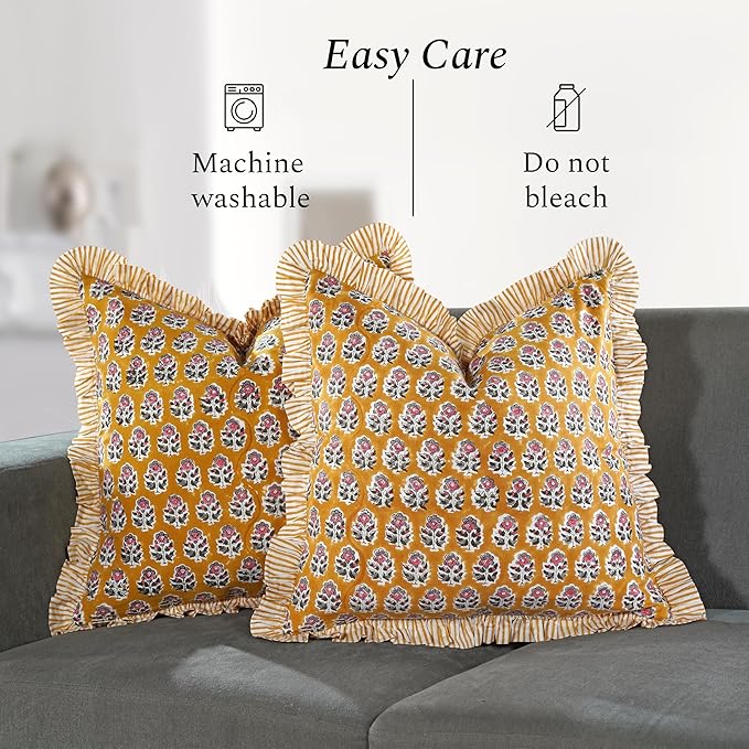 CPC Yellow Citrine Ruffle Throw Pillow Covers for Couch, 18x18 Inch Cotton Stripe Ruffle Couch Pillows for Living Room, Hidden 14 Inch Zipper Boho Pillow Case or Cute Outdoor Ruffle Pillows