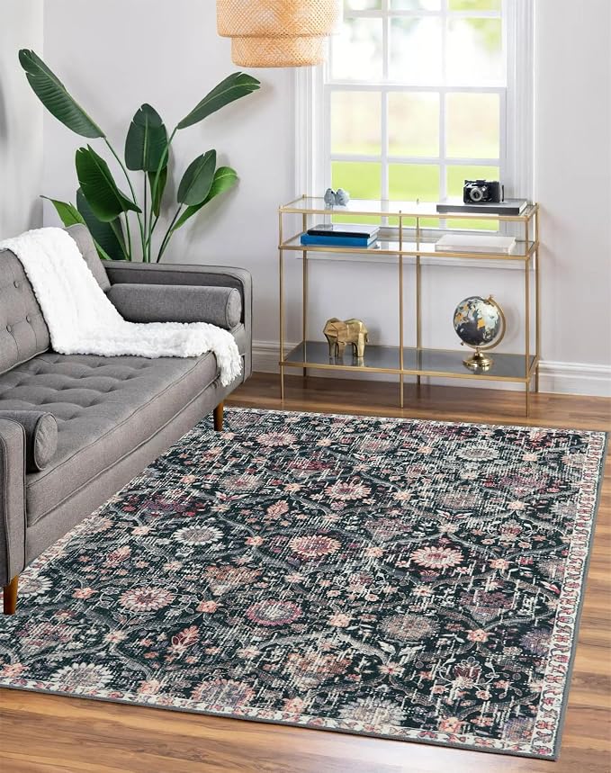 Lahome Moroccan Trellis Washable Small Area Rug, 3x5 Black Rug for Bedroom Living Room, Non-Slip Oriental Throw Carpet for Kitchen Office Entryway Bathroom Office Elise, Black/Multi