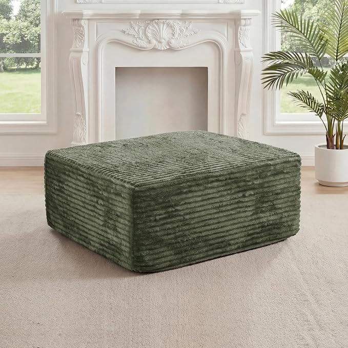 27.56'' Plush Fluffy Corduroy Poofy Ottoman in a Box for Boneless Sofa Couch, Modern Compressed Foot Rest, Small Comfy Rectangle Boneless Pouf Footstool Ottoman for Living Room, Bedroom, Olive Green