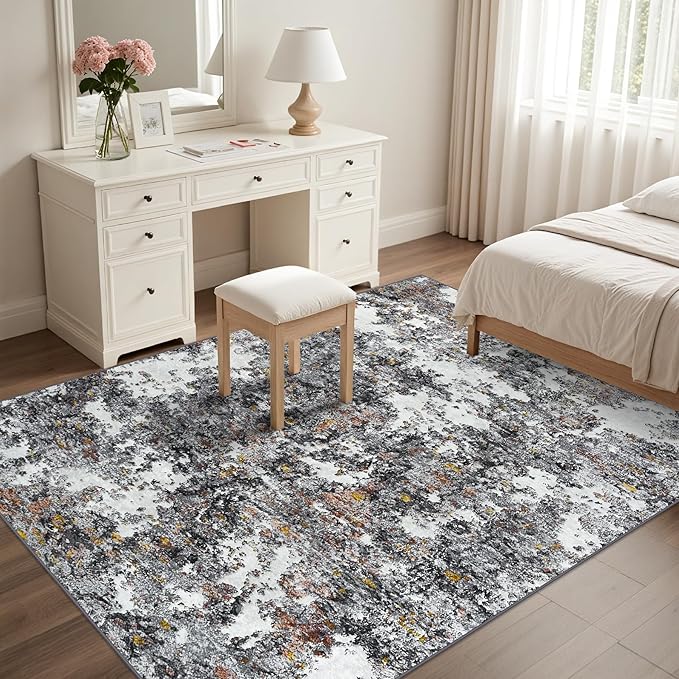Washable Rug 6x9 Area Rugs: Soft Large Living Room Rug with Anti-Slip Backing Non-Shedding Stain-Resistant Modern Abstract Carpet for Bedroom Dining Room Nursery Home Office-Gray/Multi
