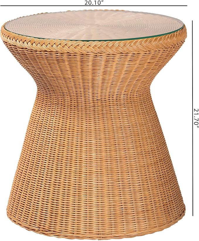 Bali & pari Nina Handwoven Rattan Hourglass Side Table with Glass Top – Boho Wicker Accent Table, Natural Fiber Round End Table for Living Room or Patio