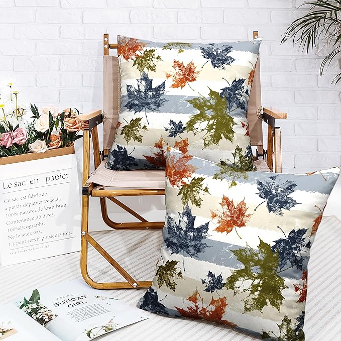 Set of 2 Thanksgiving Fall Pillow Covers Maple Leaves Decorative Pillow Case 16x16 Autumn Cotton Linen Throw Pillow Covers Blue Grey White Stripes Farmhouse Pillow Case for Couch Sofa Car
