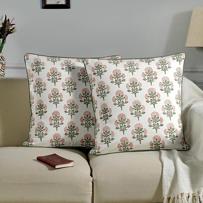 Ridhi Block Print Mughal Buta Peach Pillow Cover 24" x 24" (Pack of 2) Decorative Couch Pillows for Living Room, Chic Boho Cute Outdoor Pillows Covers Gifts for Spring, Easter and Valentine