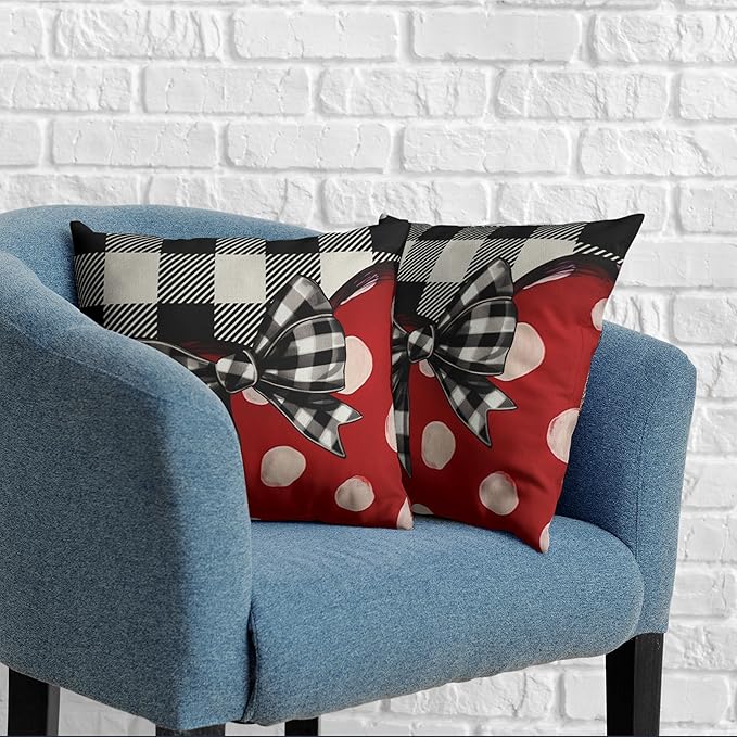 Heart Throw Pillow Covers 18x18 Buffallo Plaid Pillow Covers Polka Dot Red Love Heart with Bow Decorative Pillow Case for Living Room Couch Sofa