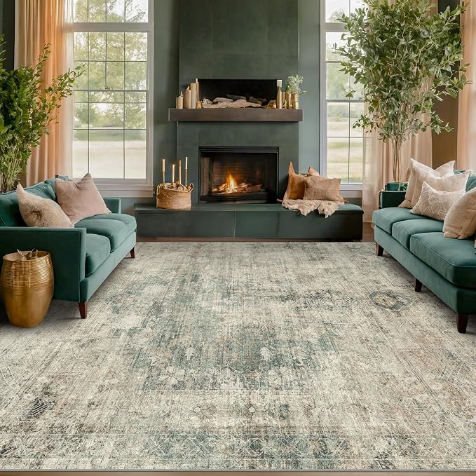 Hazo Haus Washable Moss Green 10x12 Area Rug for Living Room, Large Vintage Farmhouse Rug for Bedroom & Dining Room Under Table, Non-Slip Soft Low-Pile Stain Resistant