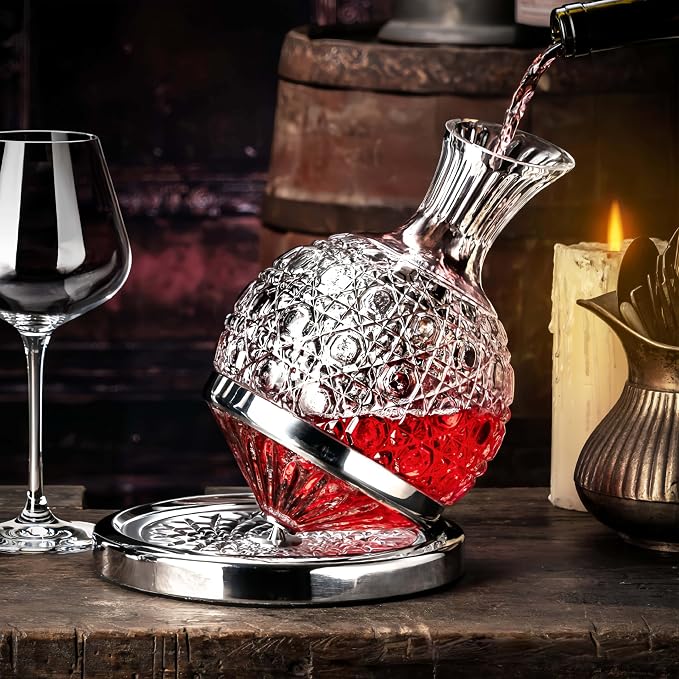 Wine Decanter Set - Spinning Crystal Red Wine Decanter Carafes, Jarler 360° Rotory Hand Blown 1.5L Lead-Free Glass Wine Aerator Quick Wake Up，Wine Gift for Wine Lover, Father day Gift (Silver+Clear)