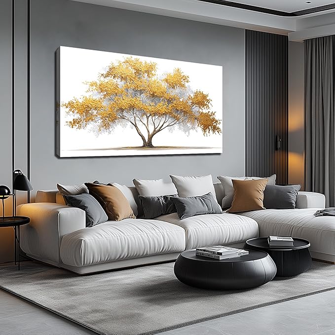 AOZEMI Yellow Wall Art for Living Room Tree Pictures Wall Decor White Canvas Artwork Art Bedroom Bathroom Office Large Modern 24"x 48"