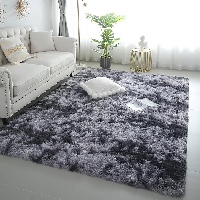 KICHOWUA 4x6 Dark Grey Fluffy Shag Rug for Bedroom, Soft Plush Fuzzy Washable Non Slip Floor Cozy Carpet for Living Room, Modern Comfy Furry Shaggy Area Rug for Kids Baby Nursery Dorm, Tie-Dye Gray