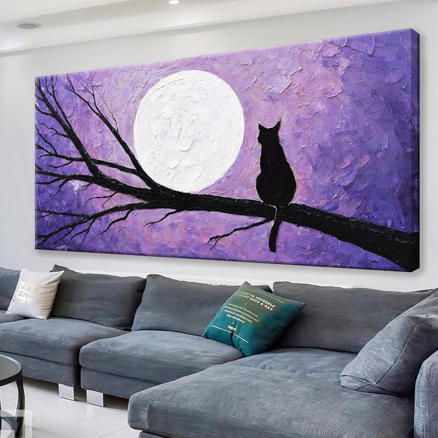 QSQ Cat Wall Art For Living Room Prints Painting Canvas Art Wall Decor Funny Monet Cat Under The Moonlight Abstract Wall Art Posters Picture For Bedroom Office Home Wall Decor Aesthetic 29" × 58"