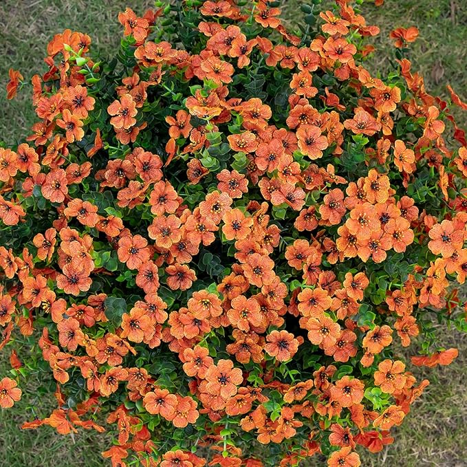 Lnoicy 20 Bundles Artificial Flowers for Outdoor Fake Plants for Spring Decoration,Faux Eucalyptus Flowers for Planter UV Resistant Lifelike for Home Porch Garden（Orange）