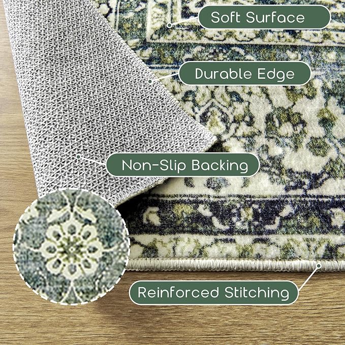 3x5 Area Rug for Entryway Indoor Low Pile Green Rugs with Washable Non Slip Boho Vintage Distressed Ultra Thin Entry Way Rugs for Kitchen Laundry Room Bathroom Inside House,3 x 5,Dark Green and Blue