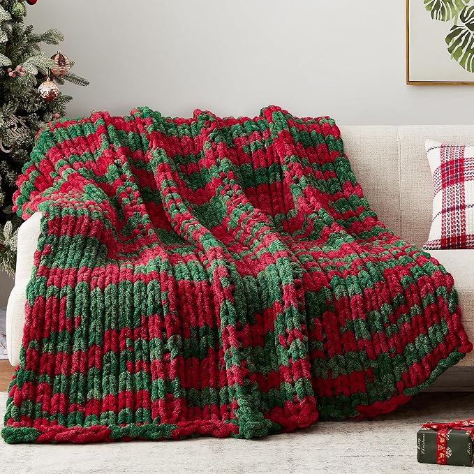 Negwoo Chunky Knit Throw Blanket, 30''*40'' Knitted Throw Chenille Yarn for Bed Couch, Handmade Stripe Crochet Big Thick Blanket, Machine Washable Cute Comfy Blanket for Home Decor