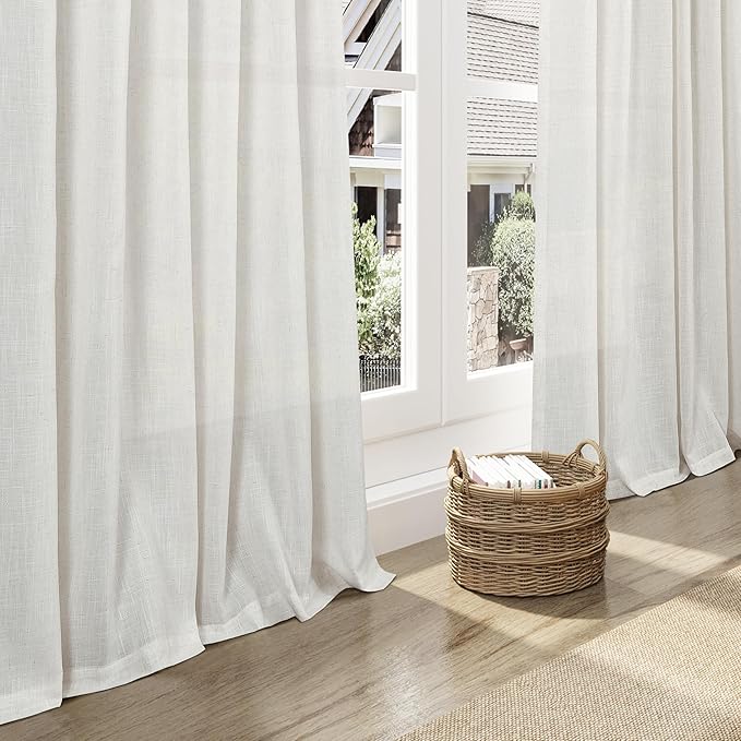 Nanspring Natural Linen Curtains for Living Room 110 Inches Long Back Tab Light Filtering Semi Sheer Curtain Rustic Farmhouse Decor Long Floor to Ceiling High Window for Bedroom 52x110, 2 Panels