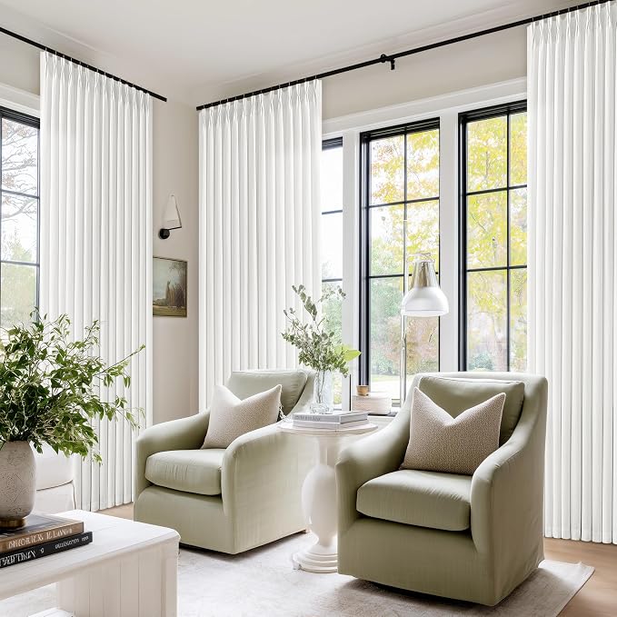 70 Wide Ivory Off White Semi Sheer Pinch Pleated Linen Curtains 108 Inch | 70 Inch Extra Wide, 108 Inch Long, Light Filtering, Privacy, Living Room, Burlap Textured, Memory Shape, Hook Rings, Modern