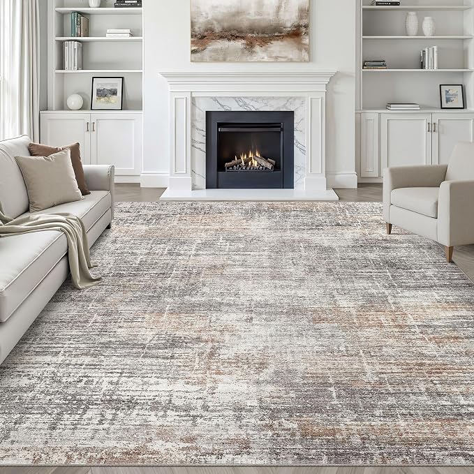 10x12 Area Rug Living Room: Washable Large Neutral Rug Abstract Soft Modern Stain Resistant Indoor Floor Non-Slip Carpet for Bedroom Nursery Kids Office Playroom Dining Room Under Table- Gray Rust