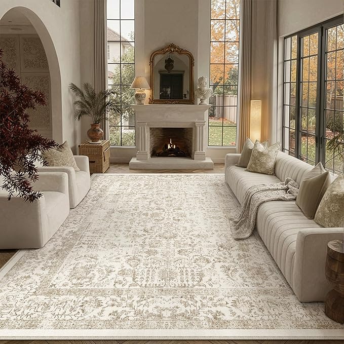 PureCozy Light Brown Area Rug 9x12 Machine Washable Large Vintage Living Room Distressed Non Slip Carpet Traditional Indoor Bedroom Retro Floral Accent Throw Rug for Office Kitchen Dining Room