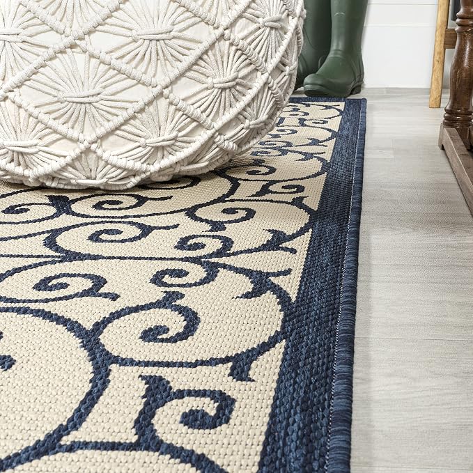 JONATHAN Y Vintage Filigree Indoor Outdoor Area Rug 5X8 Navy/Beige, Madrid Textured Weave for Backyard, Patio, Porch, Easy-Cleaning, High Traffic, Pet-Friendly, Non-Shedding (SMB107G-5)