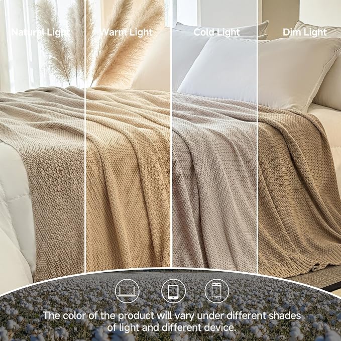 Simple&Opulence 100% Cotton Throw Blanket, Solid Color Cable Knitted Blanket Super Soft Comfortable Breathable Decorative Farmhouse for Couch Sofa Bed, All Season Use(Light Khaki,50x60)