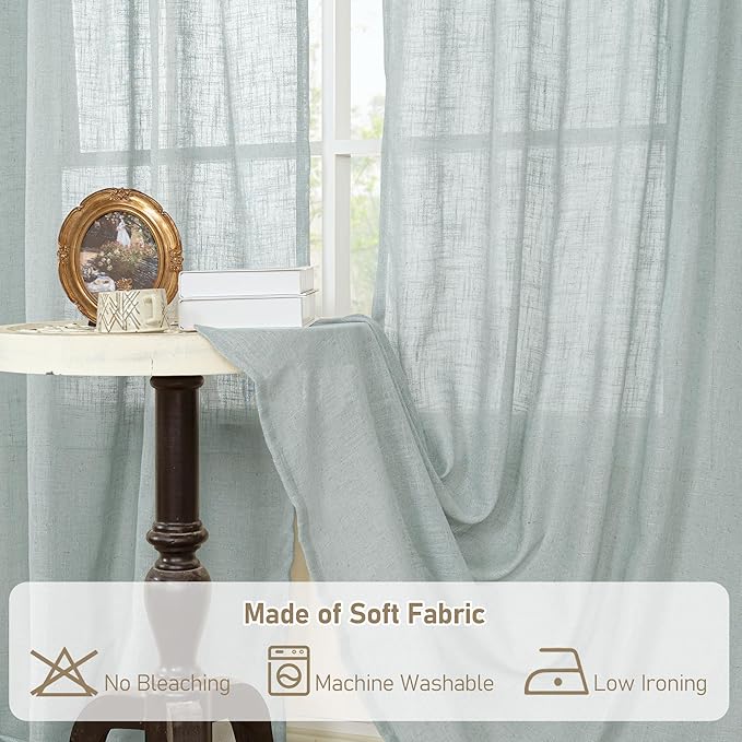 LAMIT Linen Semi Sheer Curtains 96 inches Long 2 Panels Set, Light Filtering Panels Back Tab and Rod Pocket Floor to Ceiling Curtains for Bedroom/Living Room, Greyish Blue, 52 x 96 Inch