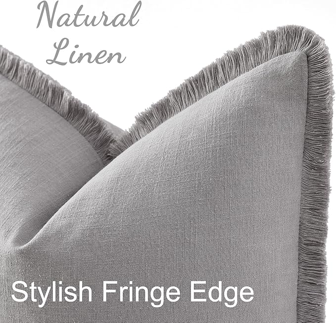 decorUhome Summer Decorative Neutral Linen Fringe Throw Pillow Covers Set of 2 Light Grey Pillow Covers with Tassels Soft Farmhouse Boho Accent Pillow Cases for Couch Bed Sofa 20x20 Inch