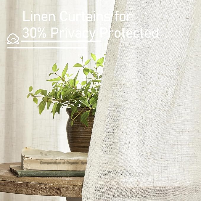 LAMIT Natural Ivory Semi Sheer Linen Curtains 84 inch Long, Cream White Light Filtering Living Room Panels Back Tab and Rod Pocket Neutral Drapes for Bedroom/Farmhouse, 2 Panels, 52 x 84 Inch