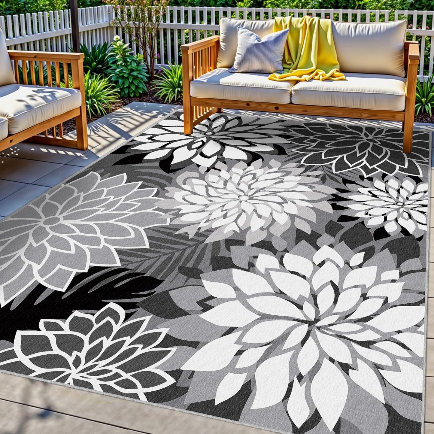 Indoor Outdoor Area Rug Washable Multicolored Rug Tropical Botanical Modern Floral Indoor Outdoor Carpet Black White Rug Non Slip Non Shedding for Patio, Deck, Backyard, Porch (9x12)