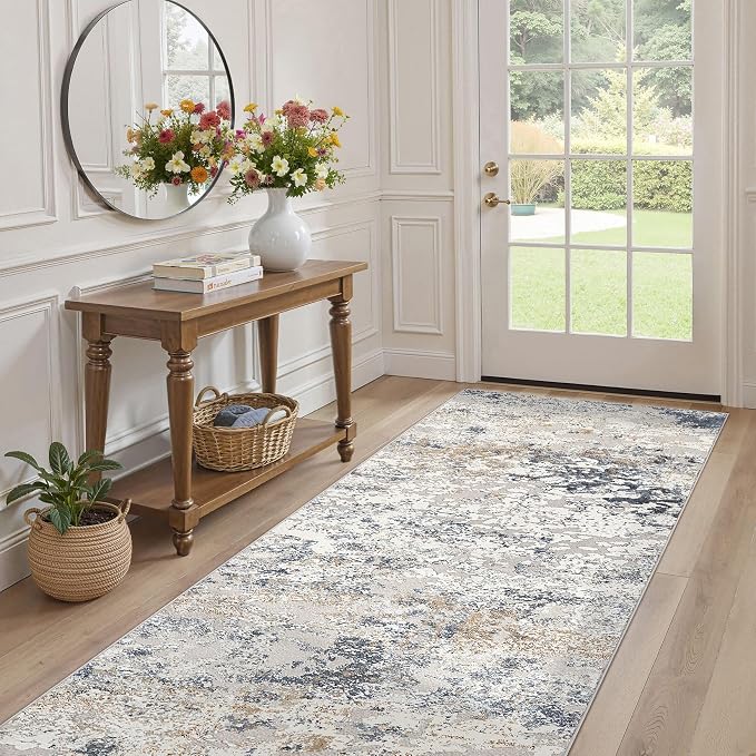 DMOYEST Washable Runner Rug for Hallway: 3x8 Neutral Modern Abstract Low Pile Area Rug with Non-Slip Backing - Carpet for Bedroom Kitchen Laundry Entryway Bathroom Indoor - Beige Blue