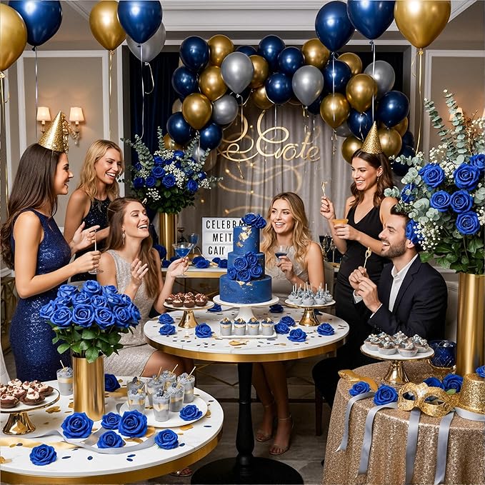 Auihiay 104PCS Blue Roses, Realistic Silk Velvet Blue Artificial Flowers, Lifelike Faux Roses for Bridal Bouquet, Home Decor, Valentine's Day, Wedding Centerpieces, Nautical Party