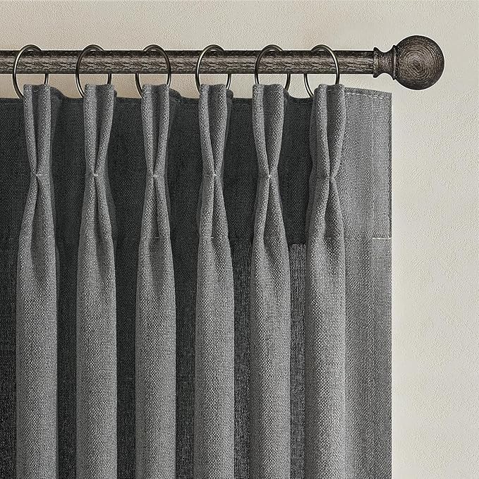 Natural Linen Semi Sheer Ceiling Curtains 102 Inches Long 2 Panels for Patio Sliding Glass Door, Dark Grey Luxury Pinch Pleat Living Room Light Filtering Curtain with Track System Burg Decor 40Wx102L