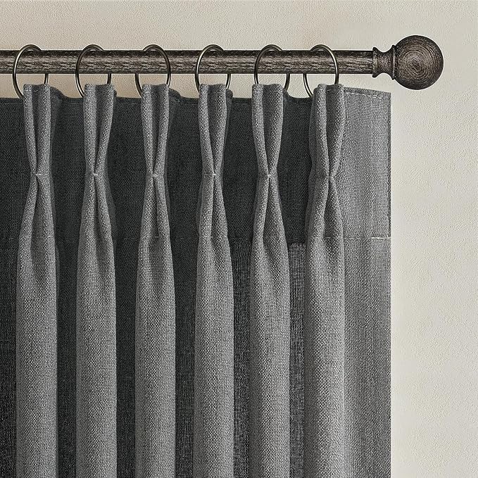 Dark Grey Memory Shaped Pinch Pleated Living Room Curtains 84 Inches Long 2 Panels Set, Textured Linen Semi Sheer Privacy Curtain Light Filtering for Bedroom Windows Drapes 40"W x 84"L Charcoal Gray