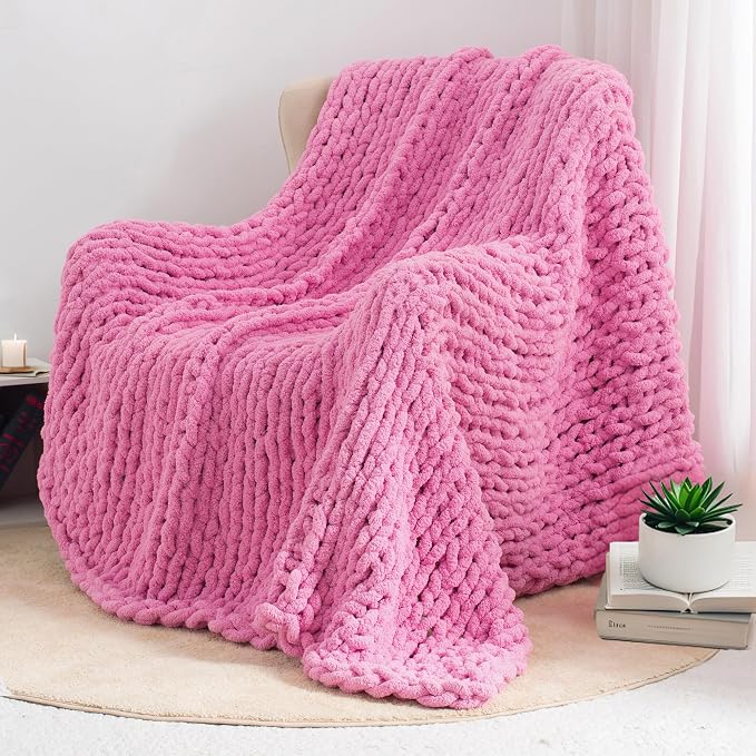 Chunky Knit Throw Blanket 60x80, 100% Handmade Chenille Yarn | 6.7lbs Soft Thick Cable Knitted Blankets, Large Rope Knot Crochet Throws for Couch Sofa Bed Machine Washable, Hot Pink