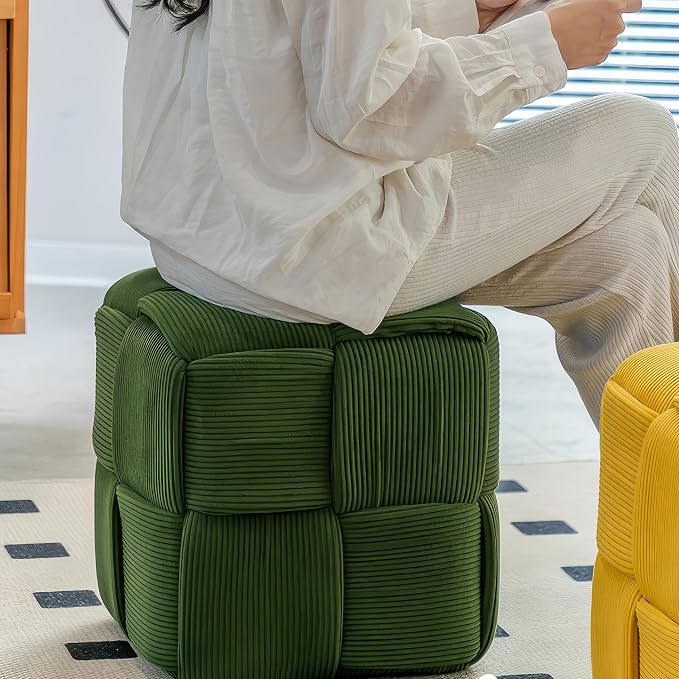 Cmishe 15" Square Woven Corduroy Ottoman Footrest - Modern Vanity Stool for Living Room & Entryway, Eco-Friendly Wood Frame, No Assembly (Green)