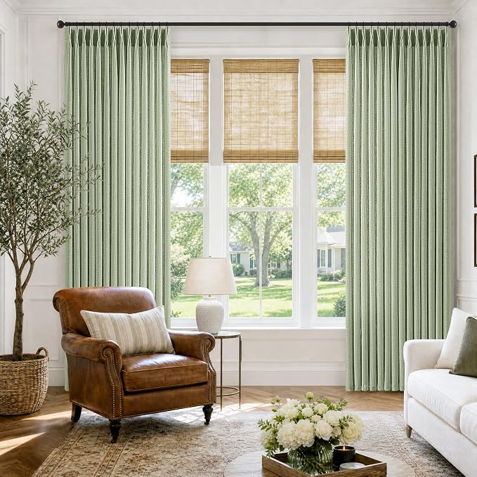 Sage Green 90 Inches Pinch Pleat Curtains 2 Panels Set Semi Sheer Memory Trained Shaped Linen Textured Pleated Drapes for Track System Farmhouse Aesthetic Curtains for Bedroom Living Room 90 Inch Long