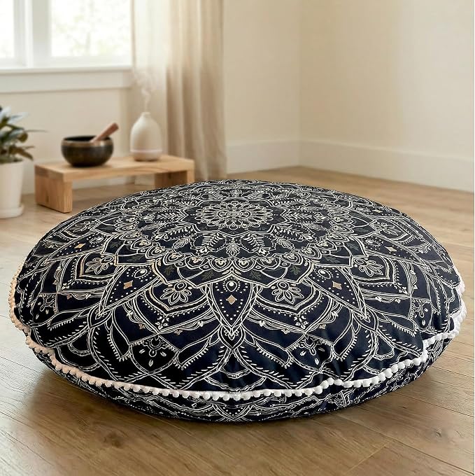 Codi Meditation Cushion for Adults - 32" Large Floor Pillow with Supportive Shredded Memory Foam - Round Zabuton with Washable Cover, Bohemian Mandala Seating for Yoga and Mindfulness, Black