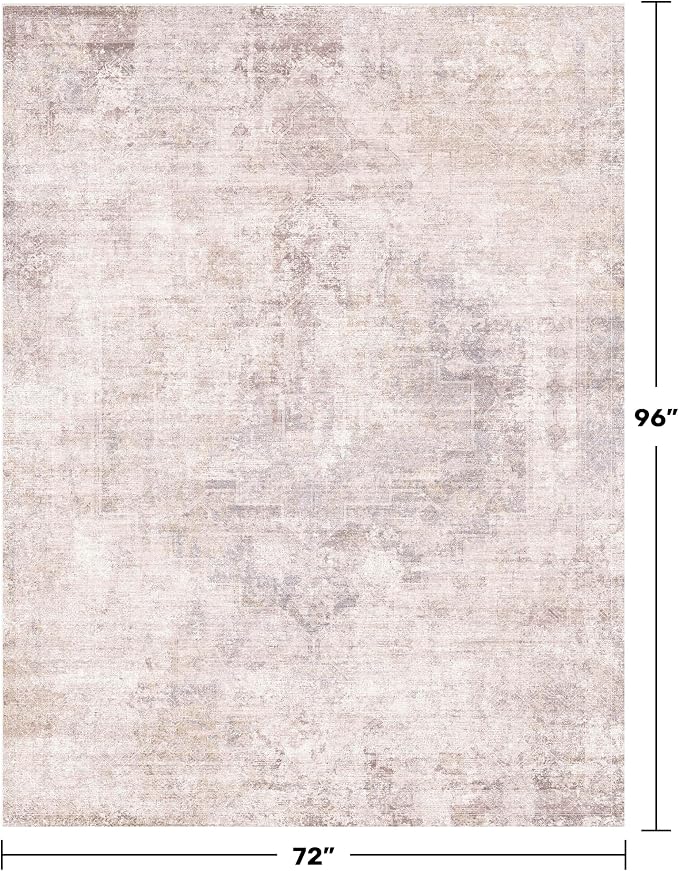 Pink and Grey 6x8 Living Room Rug, Morden Washable Area Rug for Bedroom, Non Slip Carpet for Dinning Room Under Table, Medallion Distressed Print Pattern