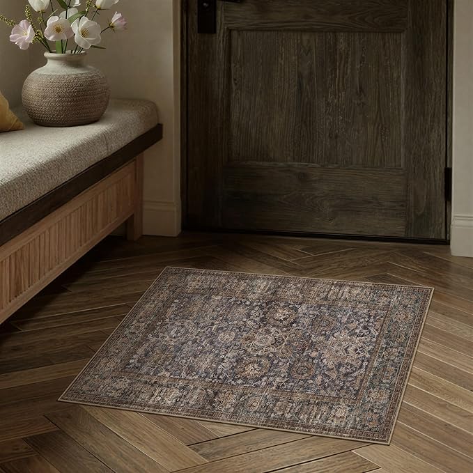HUGEAR Entryway Rugs 2x3 Blue Brown Washable Rug Door Mat Neutral Vintage Rug Carpet Distressed Soft Durable Non Slip No Shedding for Indoor Bedroom Kitchen Dining Nursery Laundry