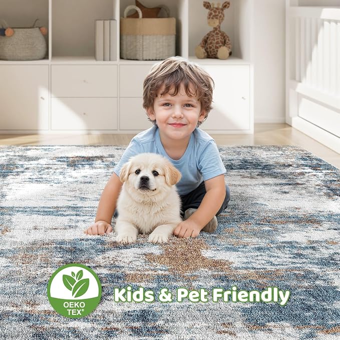 6x9 Area Rugs Living Room: Washable Large Abstract Neutral Modern Soft Rug Stain Resistant Indoor Floor Non-Slip Accent Carpet for Bedroom Nursery Playroom Dining Room Office Dorm Home- Rust Cyan