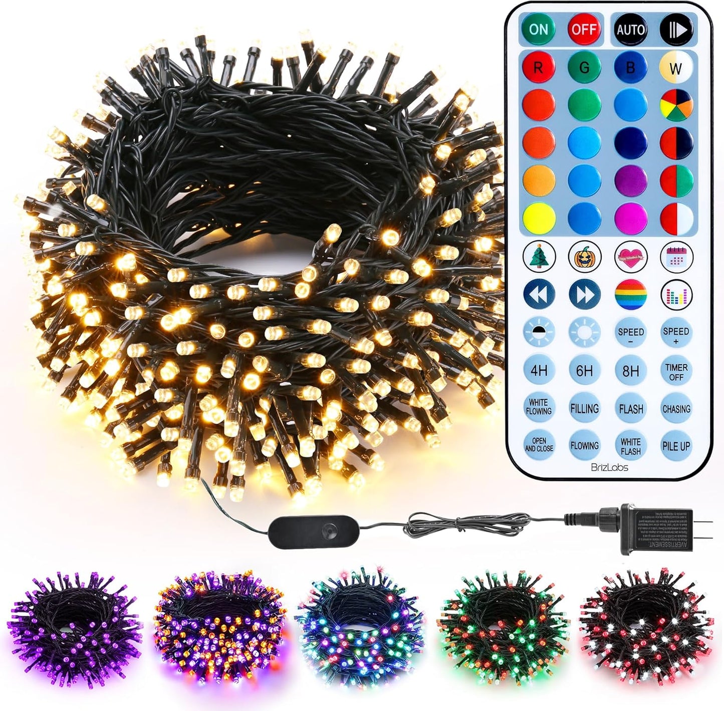 BrizLabs RGBW Christmas Lights, 98.5FT 300 LED Color Changing Halloween String Lights with Remote, Warm White Christmas Light, Twinkle Mini Light String for Indoor Outdoor Xmas Halloween Tree Party