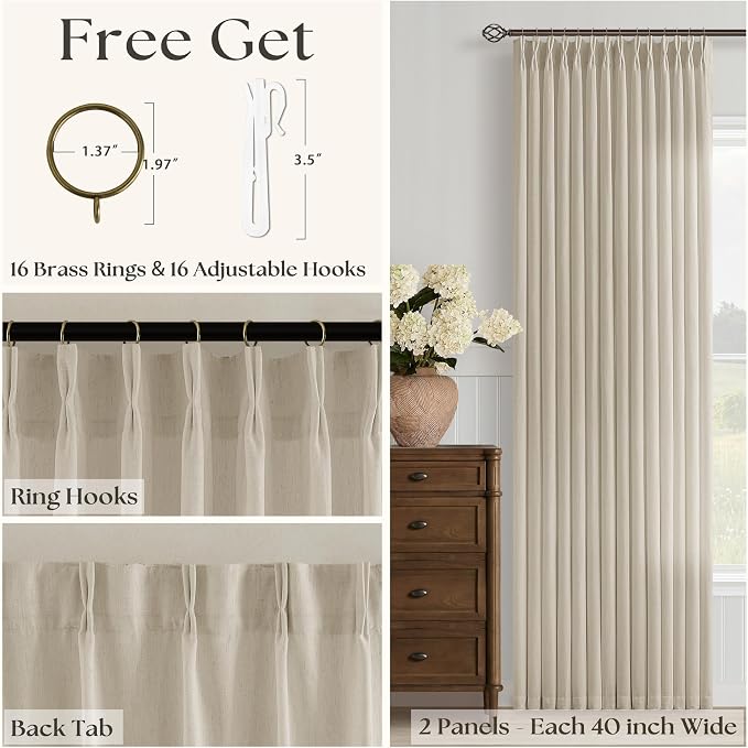 Extra Wide Semi Sheer Linen Curtain 96 Inches Long 70 Inch Wide Pinch Pleated Curtain Drapes for Patio Sliding Glass Door Beige Oatmeal Boho Privacy Curtain for Living Dining Room 70x96 1 Panel