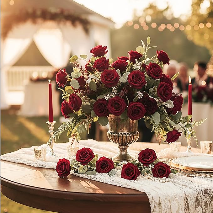 Auihiay 60PCS Burgundy Artificial Roses Bulk, Velvet Silk Fake Roses, Lifelike Burgundy Faux Rose for Valentine's Day, Wedding Centerpieces, Cake, Bridal Bouquets, Anniversary, Home Decorations